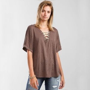 BKE Buckle Tattered Lace-Up Top Burn Out Distressed Oversized Dolman Taupe XS